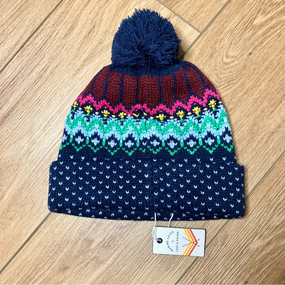 Marine Layer x LF Fair Isle Beanie Knit Hat Pom Pom Navy Patterned NWT - Picture 8 of 9